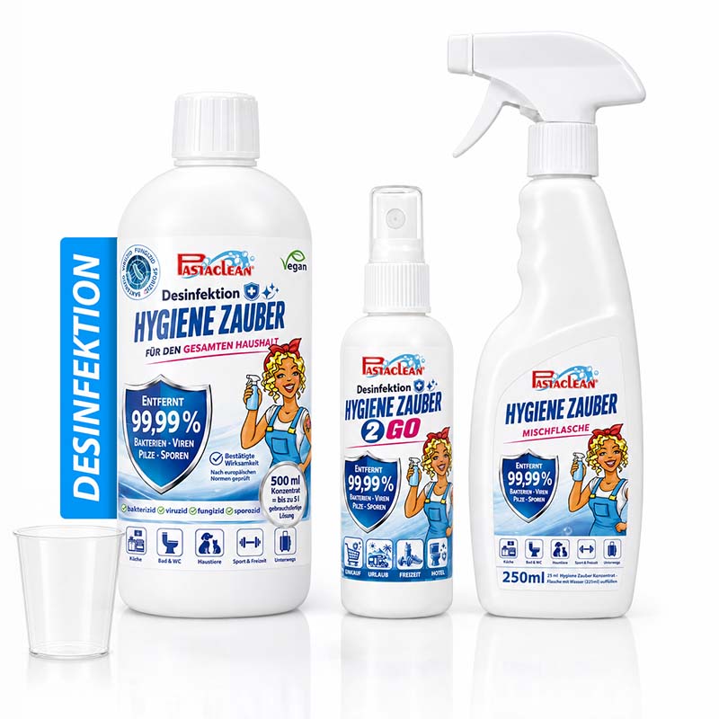 Pastaclean Flächendesinfektion Konzentrat Hygiene Zauber 500 ml Desinfektionsmittel für Oberflächen, entfernt 99,99% Bakterien, Viren, Pilze und Sporen, ideal für Haushaltshygiene und Sauberkeit.