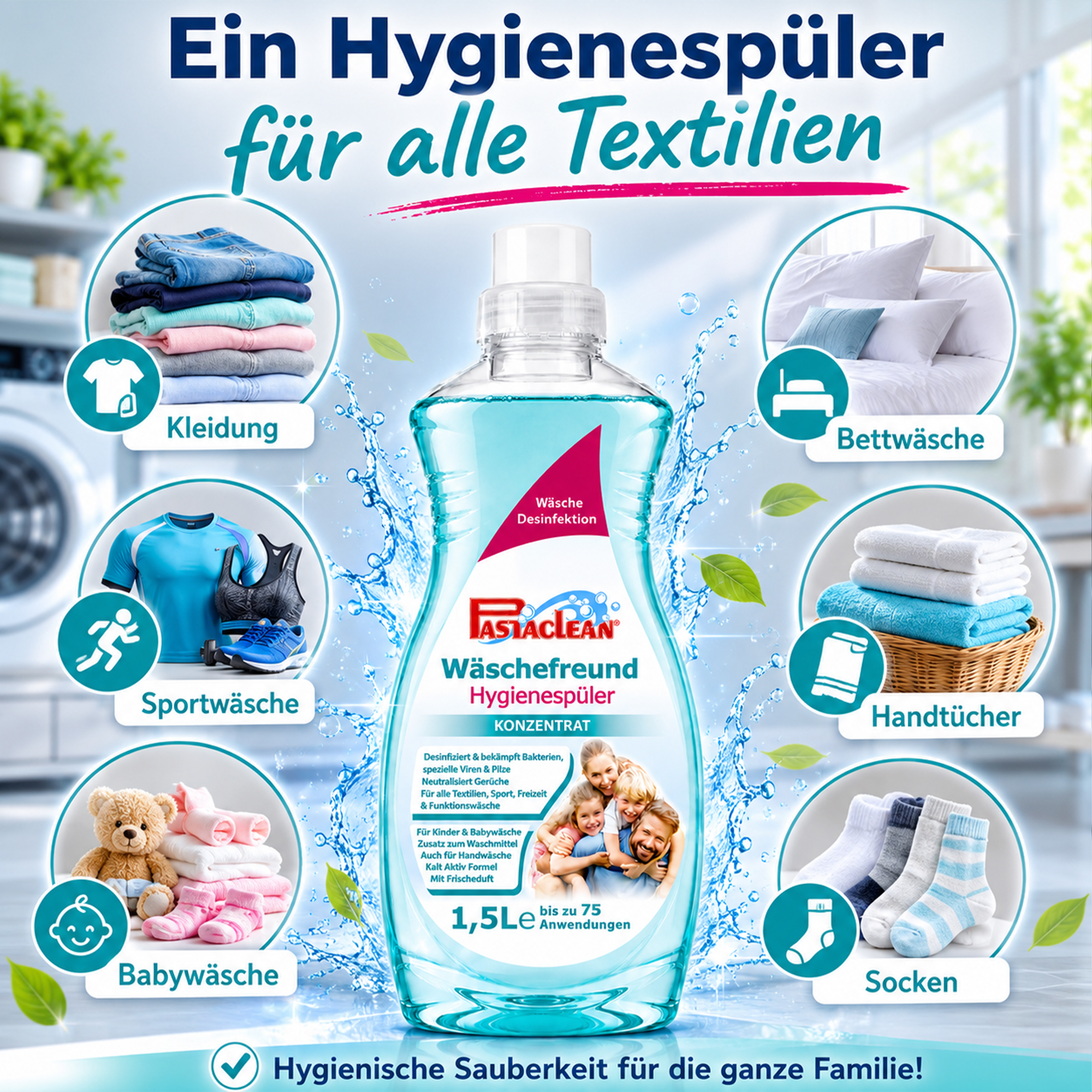 Hygienespüler für Textilien, geeignet für Kleidung, Bettwäsche, Sportwäsche, Babywäsche, Handtücher, Socken; desinfiziert, neutralisiert Gerüche; Pastaclean Wäschefreund, 1,5L Konzentrat, bis zu 75 Anwendungen.