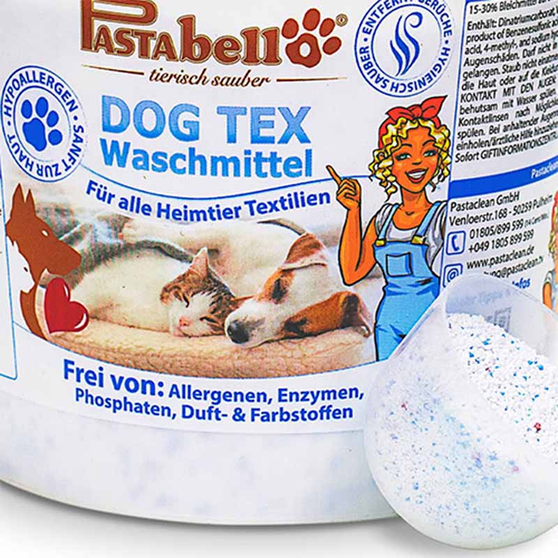 Pastabell Dog Tex Waschmittel hypoallergenes Spezialwaschmittel für Hunde- und Katzentextilien, frei von Allergenen, Enzymen, Phosphaten, Duft- und Farbstoffen, geeignet für alle Heimtier-Textilien.