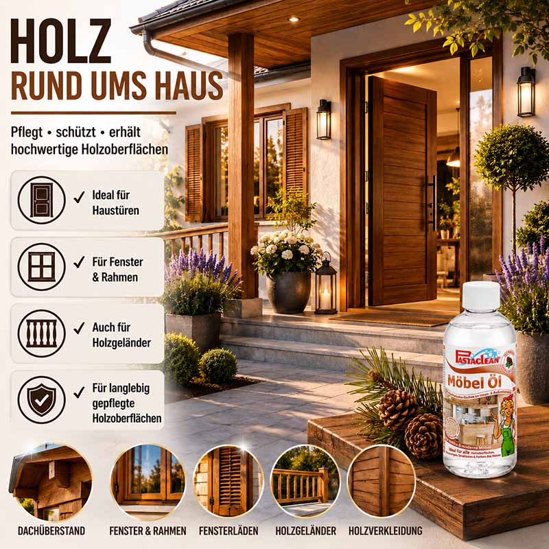 Pastaclean Möbelöl mit Pinie, 500 ml zur Pflege und Schutz hochwertiger Holzoberflächen, ideal für Haustüren, Fenster, Rahmen, Holzgeländer zur langanhaltenden Verwendung im Außenbereich
