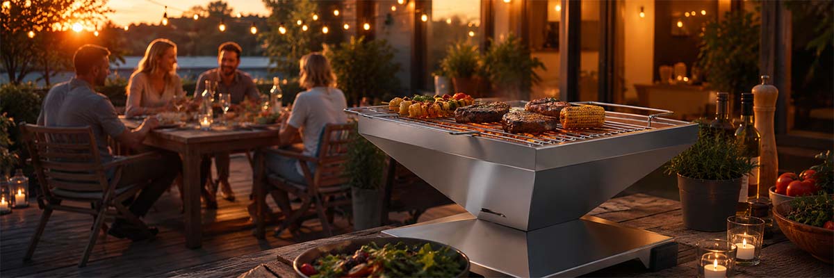 Moderner Grill auf Terrasse bei Sonnenuntergang mit Gemüse, Fleisch und Maiskolben, umgeben von beleuchteter Gartenkulisse. Outdoor-Grillevent, stilvoller Edelstahlgrill, stimmungsvolle Beleuchtung, Sommerabend, Gartenparty Zubehör.