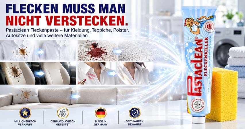 Pastaclean Fleckenentferner Werbung, Fleckenpaste für Kleidung, Teppiche, Polster, Autositze, Millionenfach verkauft, dermatologisch getestet, Made in Germany, seit Jahren bewährt, Tube und Schwamm abgebildet.