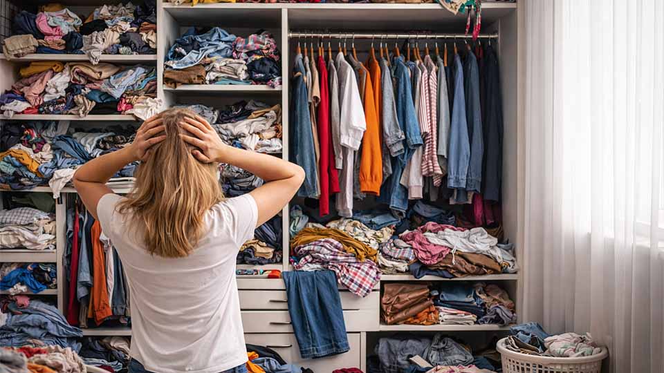 Unordentlicher Kleiderschrank mit chaotisch gestapelter Kleidung und überfüllten Fächern – typische Alltagssituation in einem echten Haushalt vor dem Einsatz der Putz-Polizei Reality-Show in Deutschland.