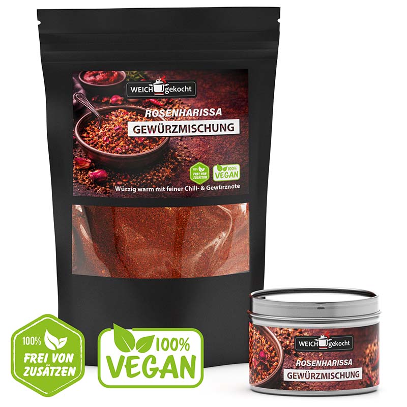 Rosenharissa Gewürzmischung Set 100g, würzig mit Chilinote, vegan, in Dose und Beutel, ohne Zusatzstoffe. Ideal für pikante Gerichte und als raffinierte Ergänzung in der Küche. Perfekte Würze für Feinschmecker und Hobbyköche.