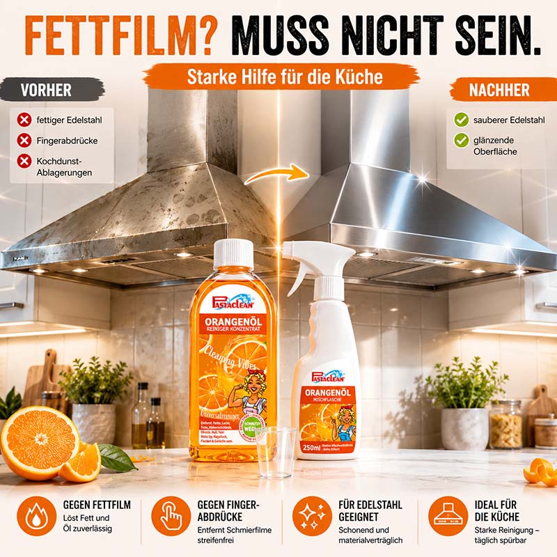 Pastaclean Orangenöl Reiniger Konzentrat, ideal für die Küche, löst Fett und Öl, entfernt Fingerabdrücke, schont Edelstahl, reinigt streifenfrei, 3x 500 ml für glänzende Oberflächen und zuverlässige Sauberkeit.