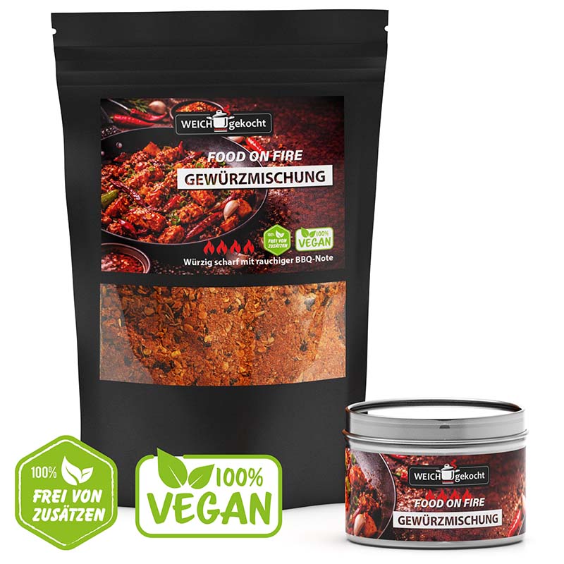 Food on Fire Gewürze Set, 100 g, scharf, rauchige BBQ-Note, vegan, ohne Zusatzstoffe, Würzmischung in schwarzer Verpackung und Dose, ideal für Grillgerichte und Marinaden.