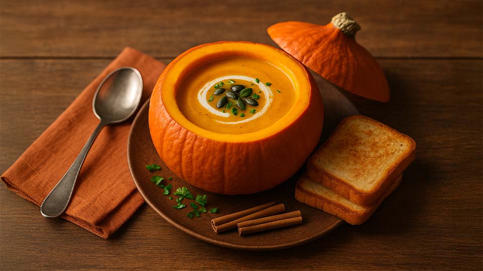 Kürbiscremesuppe im Hokkaido serviert Kürbiscremesuppe im Hokkaido serviert