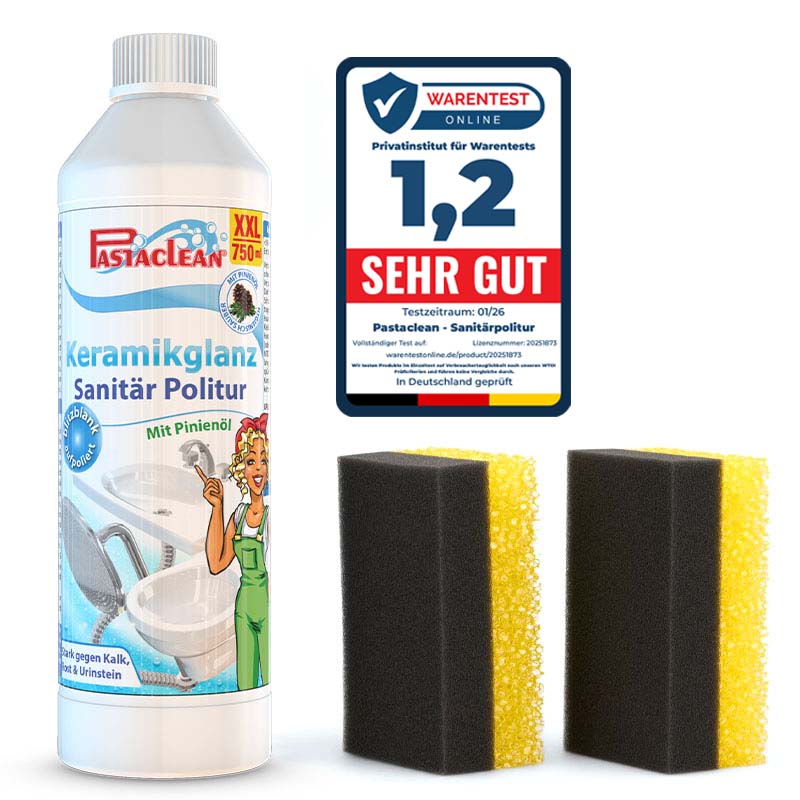 Keramikglanz Sanitärpolitur mit Pinienöl 750 ml, Flasche neben Auszeichnung mit Note 1,2 von Warentest, inklusive zwei Reinigungsschwämmen. Ideal zur Pflege von Sanitärkeramik, wirkt gegen Kalk, Schmutz und Urinstein.