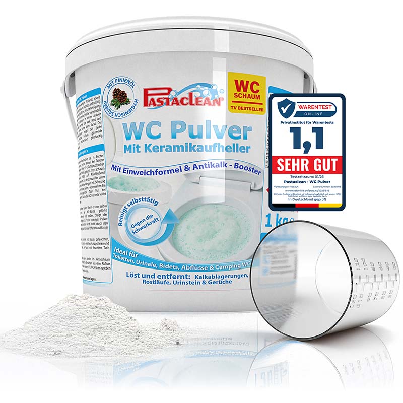 Pastaclean WC Schaum Reiniger, kraftvoller WC-Reiniger, 1 kg, entfernt Kalkablagerungen, Urinstein und Gerüche, mit Einweichformel und Antikalk-Booster, ideales Putzmittel für Toiletten, Urinale, Abflüsse und Camping-WCs, Testergebnis sehr gut.