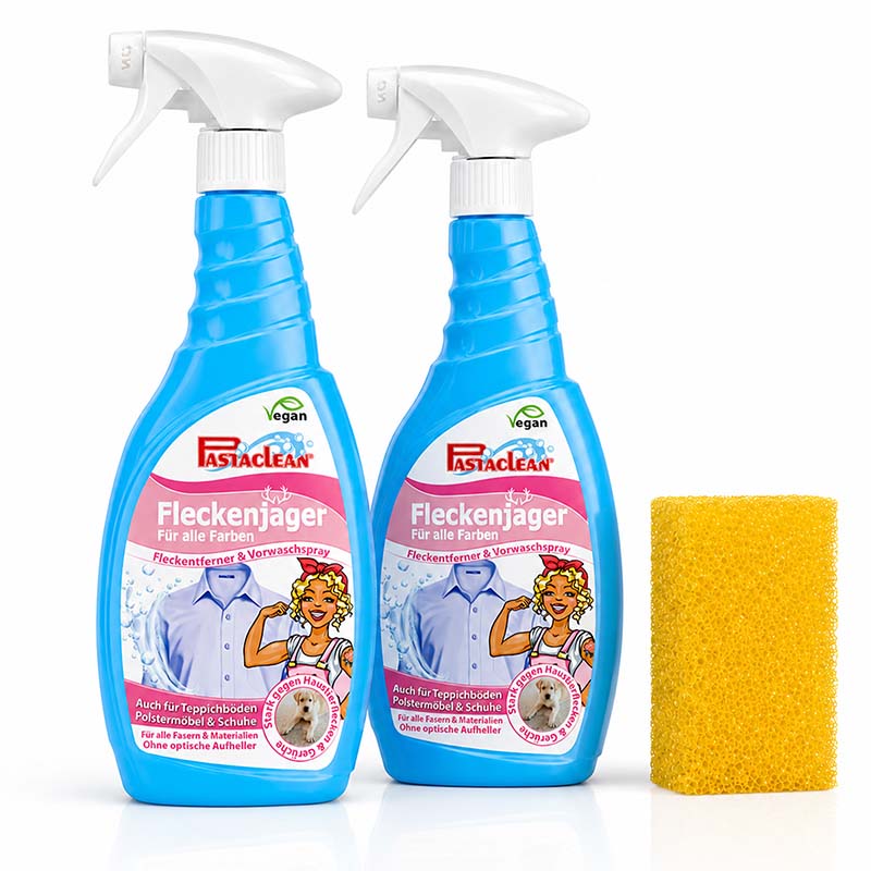 Fleckenentferner Vorwaschspray 2x 750ml Pastaclean für alle Farben, vegan, Fleckenjäger für Teppichböden, Polstermöbel, Schuhe, geeignet für alle Fasern und Materialien.