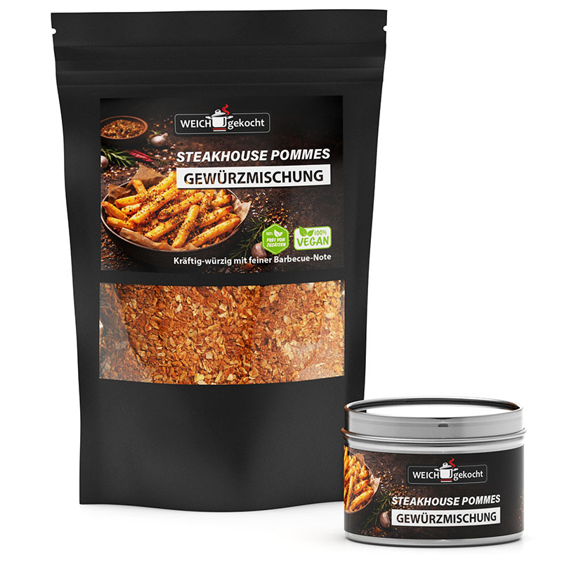 Pommes Gewürz Barbecue Style, 100 g Packung und Dose, Steakhouse Würzmischung, vegan, kräftig-würzig, feine Barbecue-Note, Gewürzmischung für Pommes, Grillgewürz, BBQ Würze, perfekt für Steaks, aromatische Gewürzkreation, Weichgekocht Marke.
