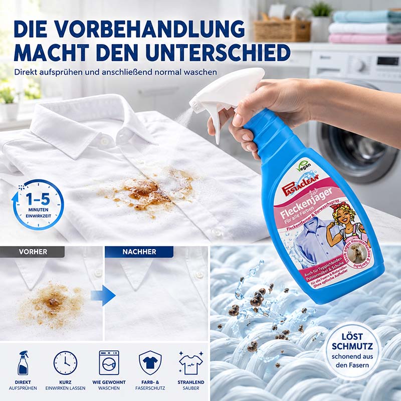 Fleckenjäger Fleckenentferner Spray 750 ml mit Schwamm, zeigt Vorher-Nachher-Effekt auf weißem Hemd, ideal für Vorbehandlung von Flecken bei jeder Waschtemperatur, vegan, farbschonend, entfernt Schmutz aus Fasern, effiziente Reinigungslösung.