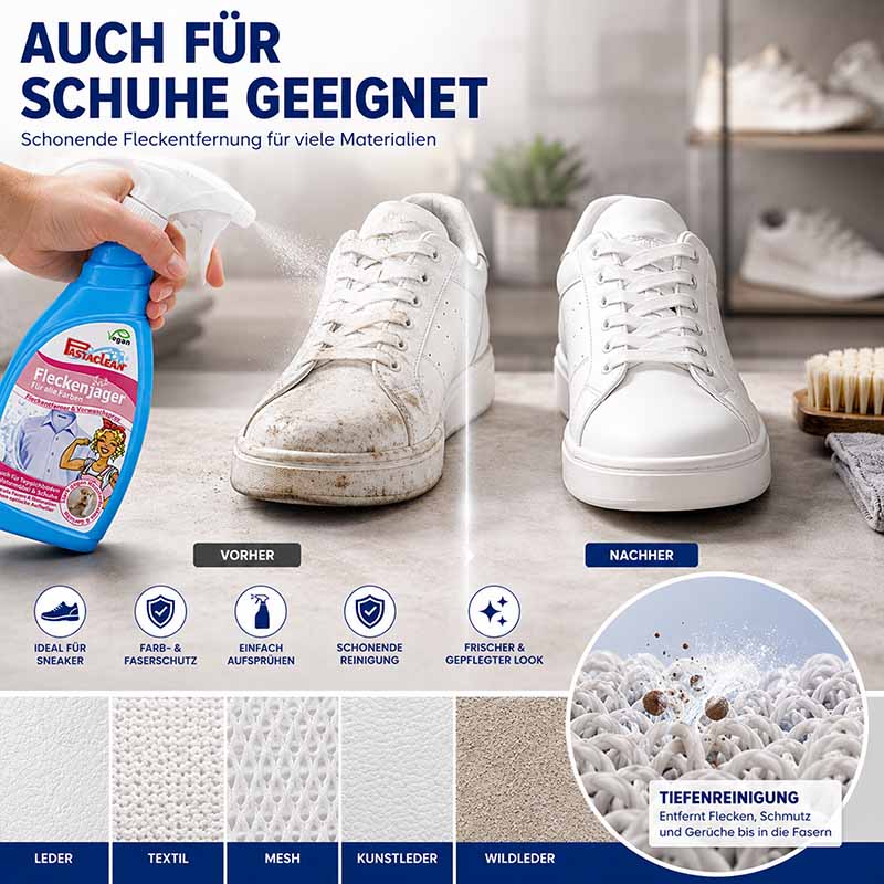 Fleckenjäger Fleckenentferner Spray 750 ml vor- und nachher Effekt auf Sneaker, schmutzige und saubere Schuhe, ideal für Leder, Textil, Mesh, Kunstleder, Wildleder, schont Farben und Fasern, einfache Anwendung, frischer Look.