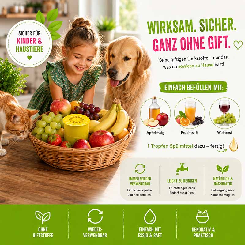 Fruchtfliegenfalle ohne Gift, 4 Stück. Sicher für Kinder und Haustiere. Wiederverwendbar, einfach zu reinigen. Anwendung mit Apfelessig, Fruchtsaft, Weinrest. Umweltfreundlich, natürliche Inhaltsstoffe, dekorativ und praktisch. Ideal für Obstkörbe.