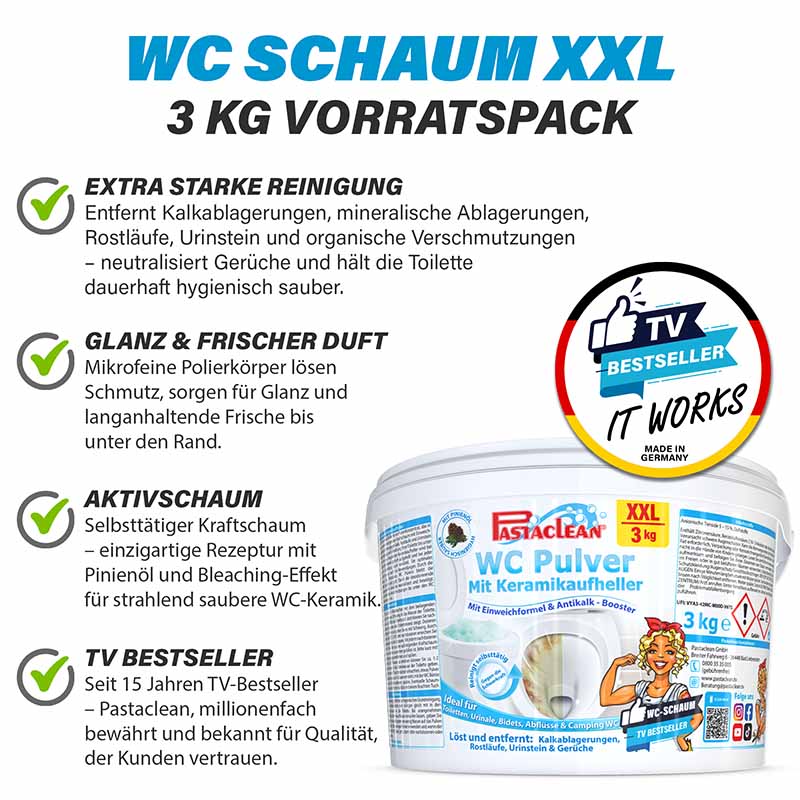 Pastaclean WC Schaum Pulver XXL Vorratspack 3 kg – entfernt Kalk, Urinstein, Rost & Gerüche, mit Aktivschaum und Pinienöl, sorgt für Glanz, Frische und hygienisch saubere WC-Keramik, TV-Bestseller Made in Germany