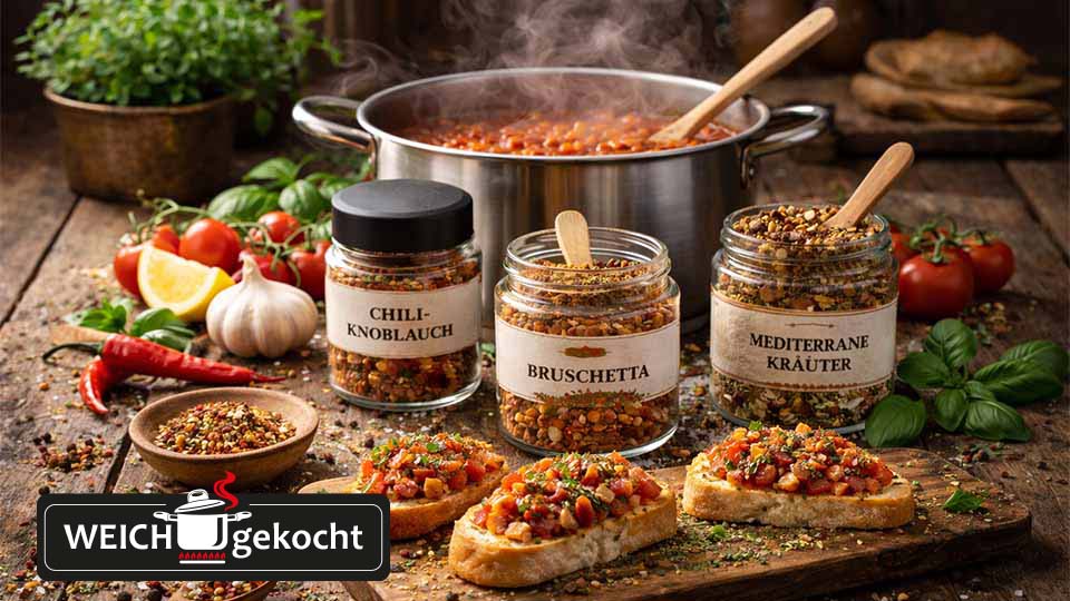 Gewürzmischungen für Bruschetta, Chili-Knoblauch, Mediterrane Kräuter vor einem Topf mit Tomatengericht, umgeben von frischem Gemüse und Kräutern, auf einem rustikalen Holztisch. Perfekt für mediterrane Gerichte und aromatische Zubereitungen.