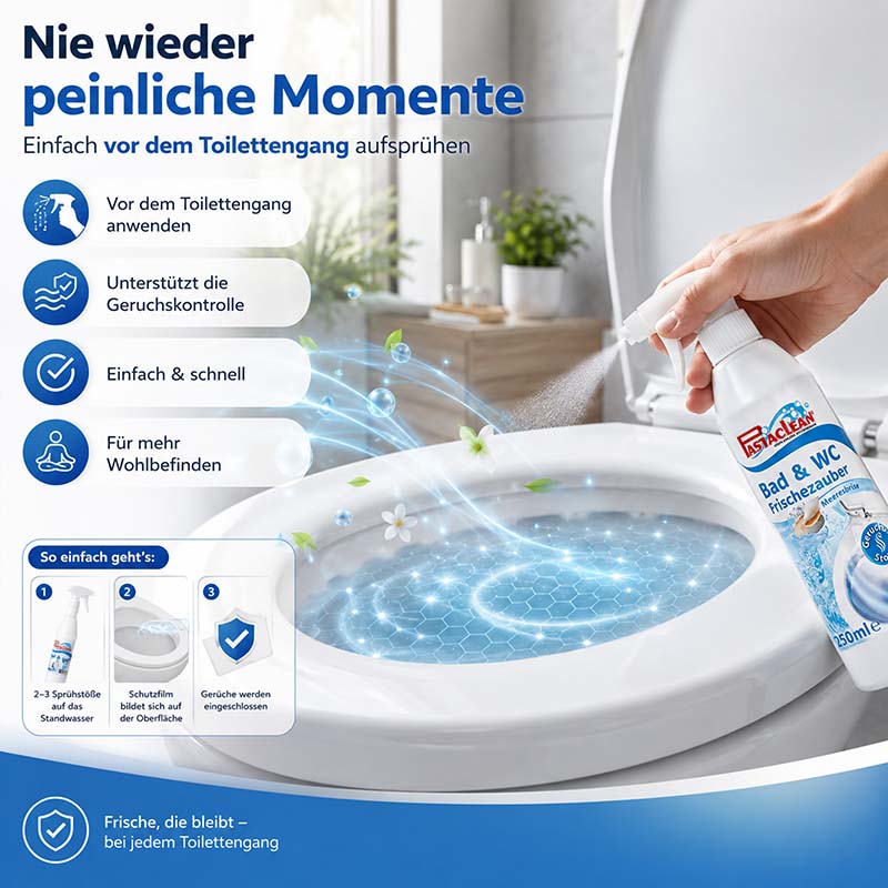 Bad & WC Frischezauber Duftspray Meeresbrise 2x 250ml, vor dem Toilettengang sprühen, Geruchskontrolle, Frische, Wohlbefinden, einfach anzuwenden, Badezimmer Duftspray, Lufterfrischer, Toilettenhygiene, LastClean Produkt.