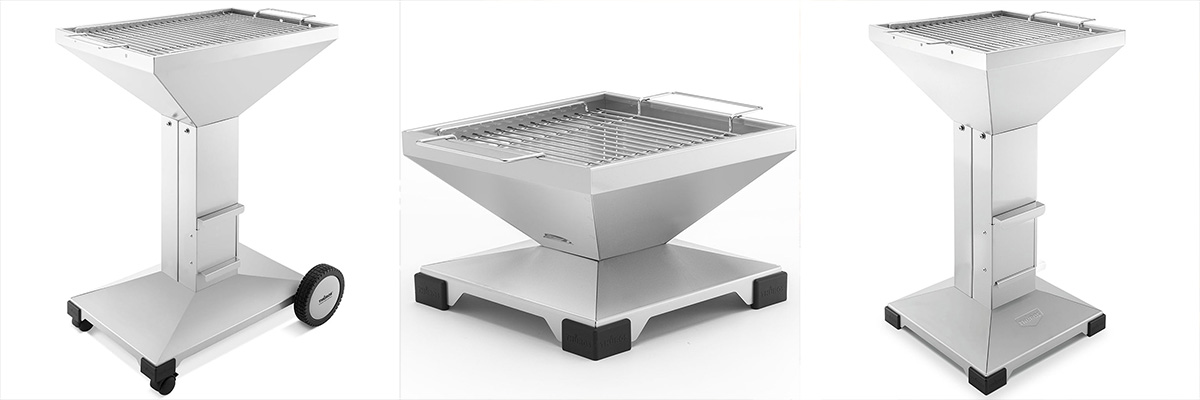 Moderner Edelstahlgrill mit rechteckigem Design, verstellbarer Höhe und stabilem Standfuß. Ideal für Garten oder Terrasse. Robuste Verarbeitung, geeignet für Holzkohlegrill-Enthusiasten und Outdoor-Kochen. Grillmodell mit Rädern für einfache Mobilität.