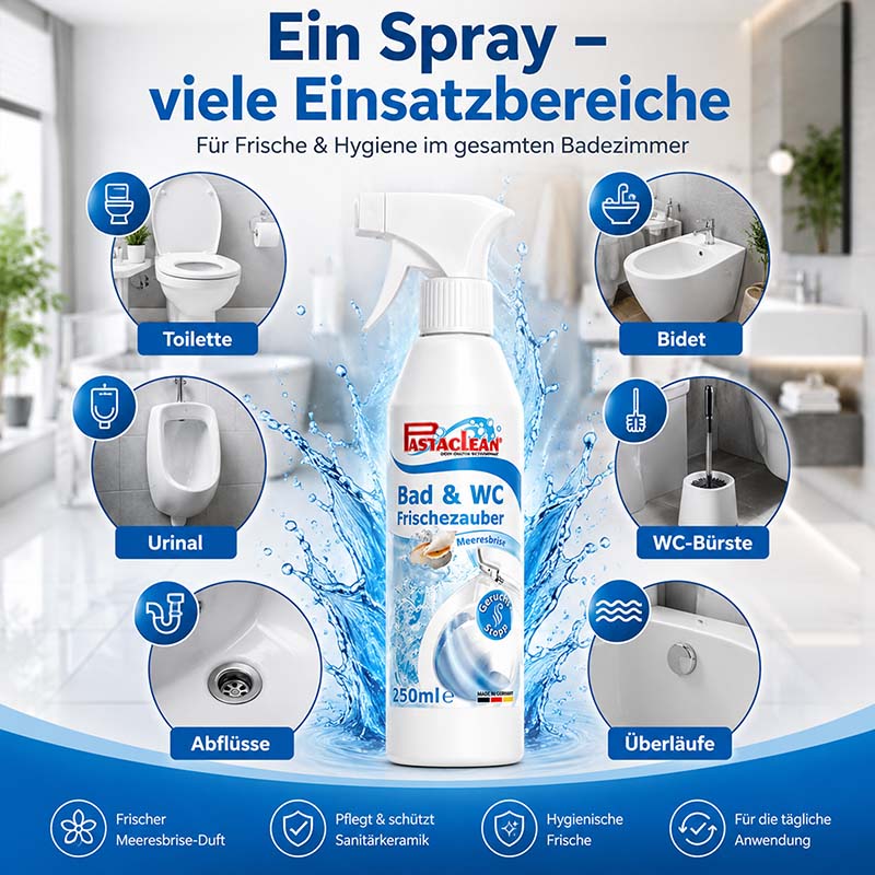 Bad & WC Frischezauber Duftspray Meeresbrise, geeignet für Toilette, Urinal, Bidet, WC-Bürste, Abflüsse, Überläufe, für hygienische Frische und Schutz der Sanitärkeramik, 250ml Sprayflasche, 2er Pack, Frischeduft Badezimmerpflege.