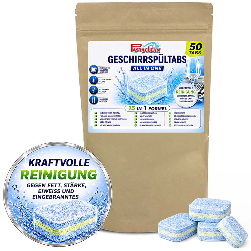 Spülmaschinentabs 50 Stück, All-In-One Geschirrspültabs, starke Fettlösekraft, 15-in-1 Formel, kraftvolle Reinigung gegen Fett, Stärke, Eiweiß, Eingebranntes, Enzym-Power-Formel, für alle Wasserhärten, Glanz, Schutz, Tabs, FastClean