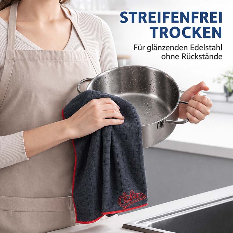 DR EMKUS Geschirrtücher, Küchentücher, 4 Stück, streifenfreies Trocknen, Putzen von Edelstahl, rechts im Bild Edelstahlpfanne, Küchentextilien, grau, hohe Saugfähigkeit, langlebig, pflegeleicht, geeignet für Küche, Haushalt, reinigungsfreundlich, umweltfr