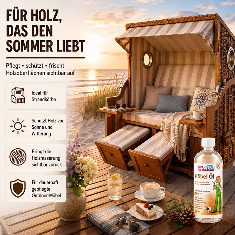 Pastaclean Möbelöl Pinie 750 ml für Holzpflege und Schutz von Outdoor-Möbeln, ideal für Strandkörbe, schützt vor Sonne und Witterung, frischt Holzmaserung auf, für dauerhaft gepflegte Holzmöbel im Außenbereich.