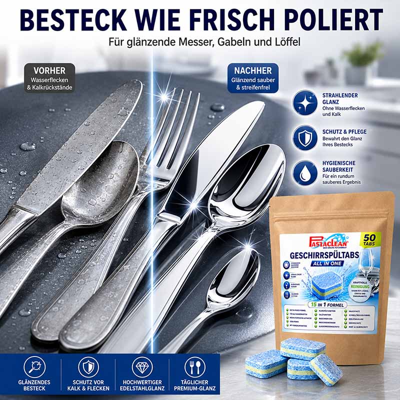 Spülmaschinentabs, 50 Tabs, All-In-One Geschirrspültabs, starke Fettlösekraft, glänzendes Besteck, poliertes Messer, Gabel, Löffel, Schutz vor Kalk, streifenfrei, Edelstahlglanz, täglicher Premium-Glanz, Hygienische Sauberkeit, Strahlender Glanz, Fast Cle