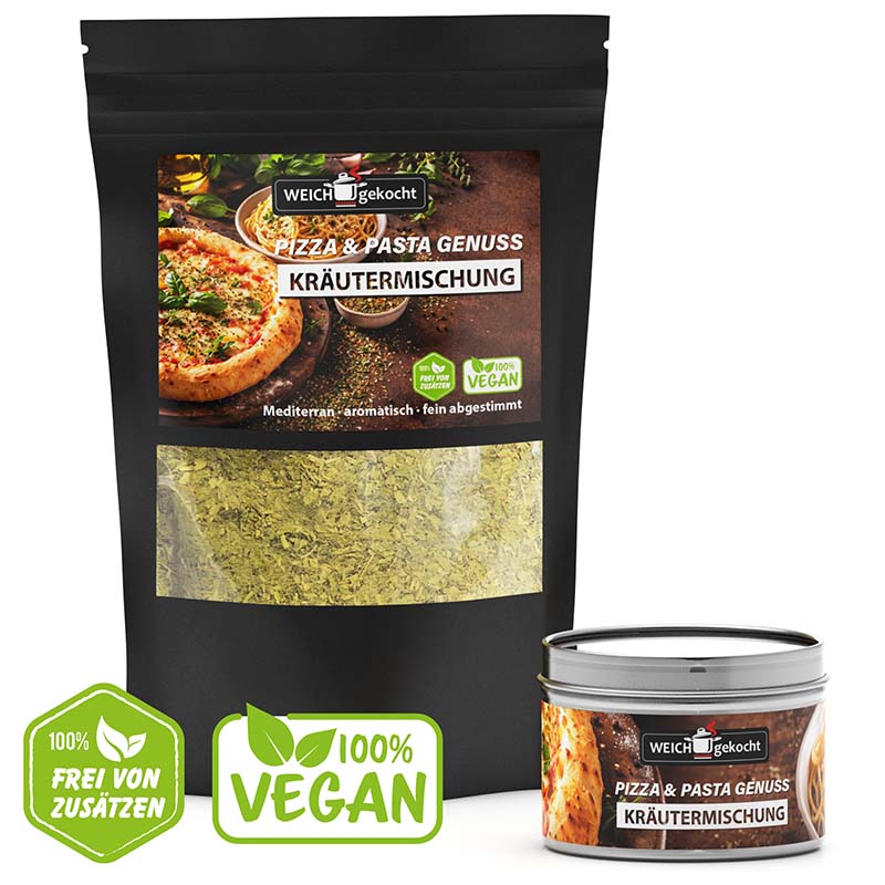 Pizza & Pasta Gewürze Set, Kräutermischung, 50 g, Dose, vegan, mediterran, aromatisch, fein abgestimmt, frei von Zusätzen, für italienische Küche, Gewürzset für Pizza, Pasta, Kochen, Würzen, mediterrane Gewürze.