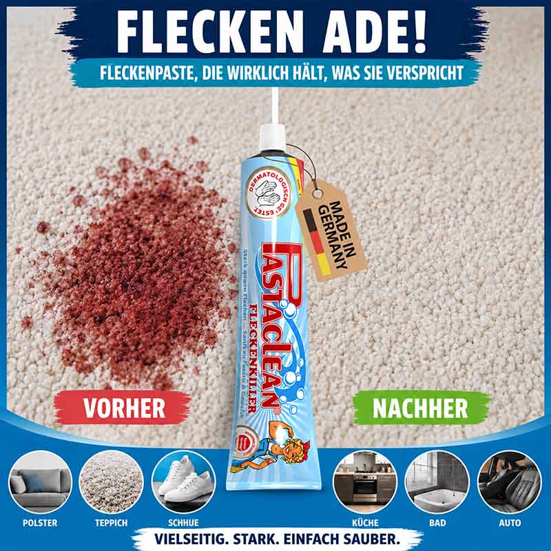 Fleckenentferner Fleckenpaste, 4x100ml, Made in Germany, für Polster, Teppich, Schuhe, Küche, Bad, Auto, vielseitig, stark, einfach sauber, Dermatologisch getestet, Vorher-Nachher-Vergleich, effektive Fleckenbeseitigung.