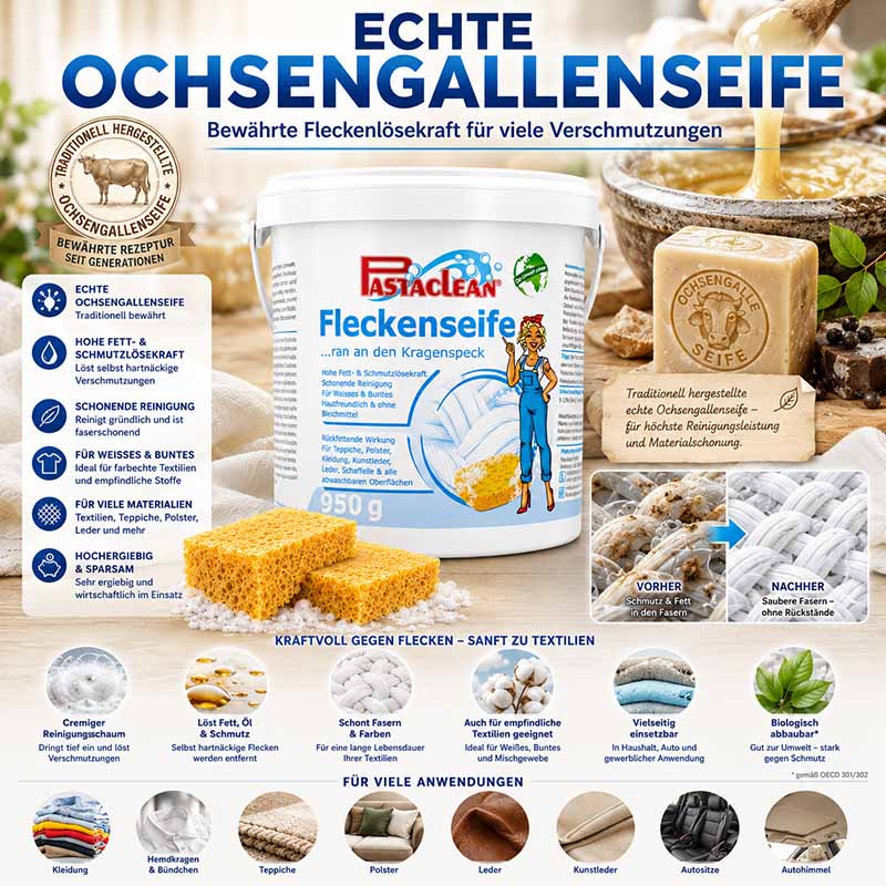 Pastaclean Fleckenseife 950g, echte Ochsen Gallseife, Fleckenlösekraft für Textilien, Fett- und Schmutzlösekraft, sanfte Reinigung, geeignet für farbige und empfindliche Stoffe, vielseitige Anwendungen, biologisch abbaubar, wirtschaftlich im Einsatz.