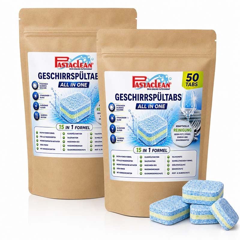 Spülmaschinentabs All-In-One, 100 Tabs, starke Fettlösekraft, Geschirrspültabs, kraftvolle Reinigung, 15-in-1-Formel, Klarspülfunktion, Kalkschutz, Pastaclean Marke, spülmaschinengeeignet, nachhaltige Verpackung, Geschirrreiniger, effektiv gegen Flecken.
