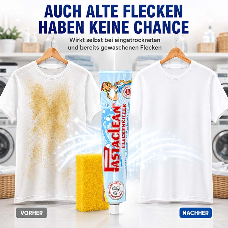 Fleckenpaste Fleckenentferner 4x 100ml Anwendung, Vorher-Nachher-Vergleich mit Produkt im Vordergrund, für eingetrocknete und gewaschene Flecken, Farbdarstellung, Produktname Fast Clean Fleckenkiller, Haushaltspflege, Wäschepflege