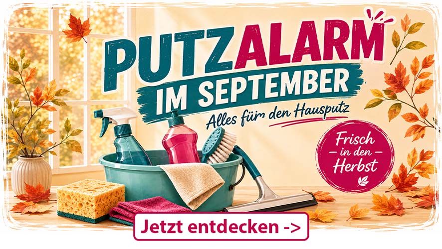 Putzset mit Eimer, Sprühflasche, Reinigungsmitteln, Schwamm und Bürste für Hausputz im Herbst, geeignet für Oberflächenreinigung und Pflege.