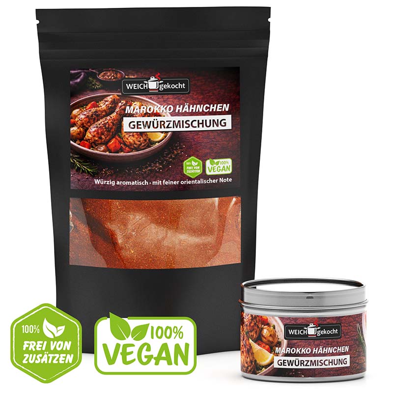 Marokko Hähnchen Gewürze Set, 100 g, würzige aromatische Würzmischung, feine orientalische Note, vegan, frei von Zusatzstoffen, Pulverform, ideal für orientalische Gerichte, in schwarzer Verpackung und Dose, orientalische Küche.
