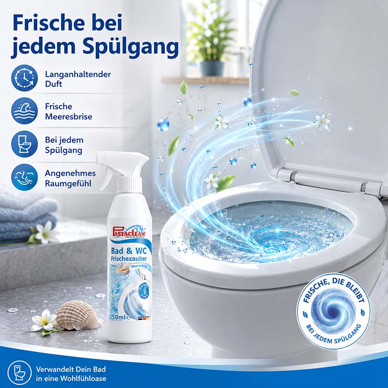 Bad & WC Frischezauber Duftspray Meeresbrise 2x 250ml, langanhaltender Duft, frische Meeresbrise, angenehmes Raumgefühl, Frische bei jedem Spülgang, Lufterfrischer für Badezimmer, Toiletten, Reinigungsprodukt, FastClean.