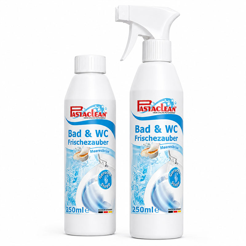 Pastaclean Bad & WC Frischezauber Duftspray Meeresbrise, 2x 250ml Flaschen mit Sprühkopf, Geruchsstopp für Badezimmer und Toilette, erfrischender Duft, Reinigungsmittel, Made in Germany, gefüllt mit Meeresbrisenaroma.