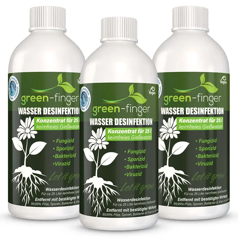 GREEN-FINGER Wasser Desinfektion für keimfreies Gießwasser, Konzentrat 3x 500 ml, fungizid, sporizid, bakterizid, viruzid, geeignet für Pflanzenpflege und Gartenanwendungen