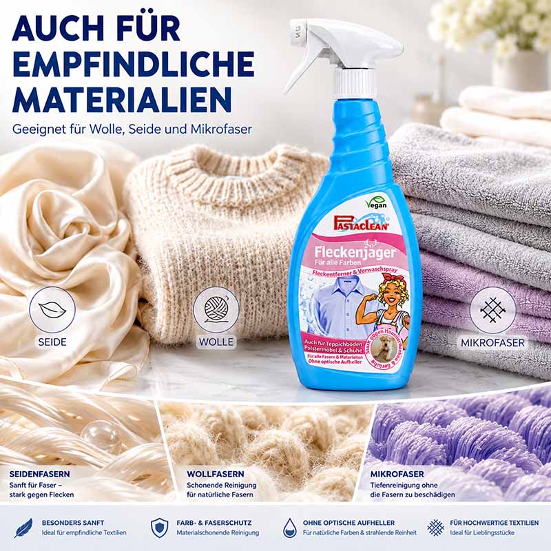 Fleckenjäger Fleckenentferner Spray 750 ml mit Schwamm, geeignet für empfindliche Materialien wie Seide, Wolle und Mikrofaser. Materialschonende Reinigung, vegan, besonders sanft, ohne optische Aufheller, Farbschutz für natürliche Fasern.
