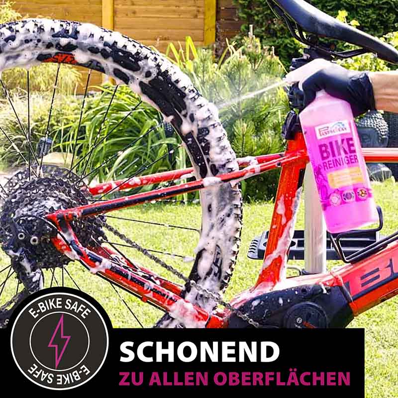 Fahrradreiniger, Fahrrad Reinigungsspray, Bike Cleaner; geeignet für alle Fahrradtypen; E-Bike sicher; 1 Liter Flasche; Anwendung auf Fahrrad mit Schaum sichtbar; ideal für effektive Fahrradpflege und Reinigung; schonend zu allen Oberflächen.