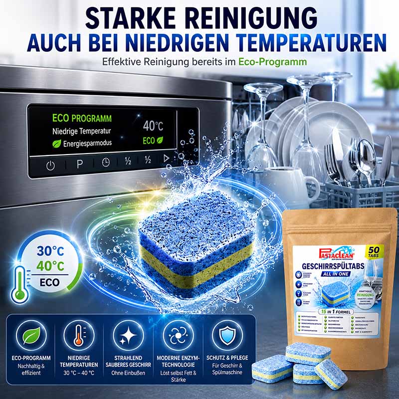 Spülmaschinentabs 50 Stück All-In-One Geschirrspültabs, starke Fettlösekraft, effektive Reinigung bei niedrigen Temperaturen, Eco-Programm, 30-40°C, Geschirrspültabs mit Enzymtechnologie, Schutz und Pflege für Spülmaschine