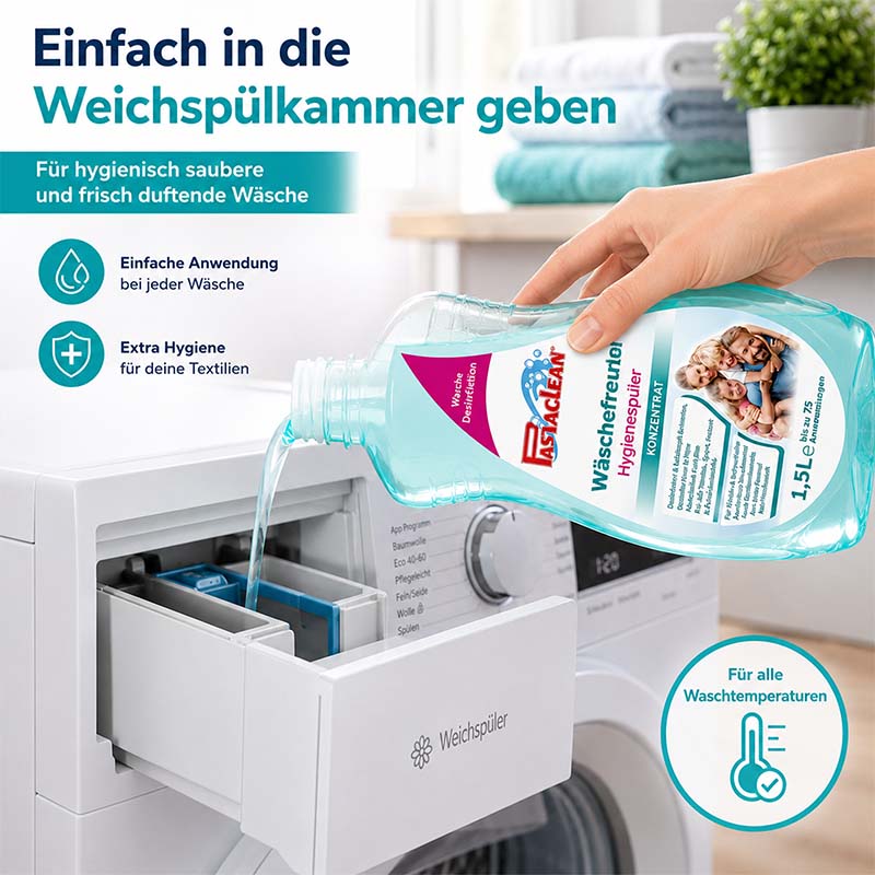 Wäschefreund Hygienespüler 1,5 Liter Anwendung in Weichspülkammer, für hygienisch saubere, frisch duftende Wäsche, geeignet für alle Waschtemperaturen, einfache Anwendung, Textilhygiene, Waschmaschine, Flüssigwaschmittel, Desinfektion.