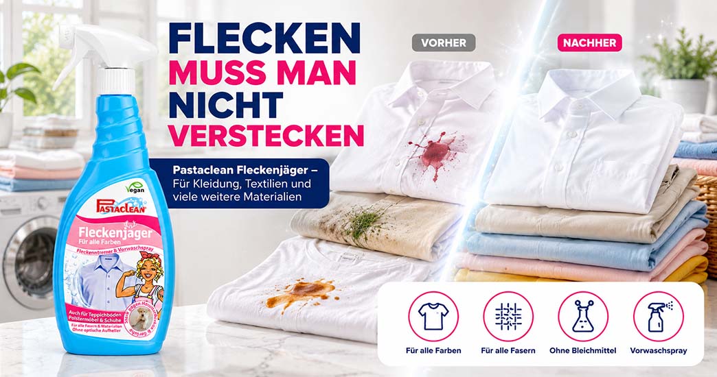Fleckentferner, Vorwaschspray, Haushaltsreiniger, Pastaclean Fleckenjäger, vegan, Textilien, Kleiderpflege, Fleckenentfernung, für alle Farben, ohne Bleichmittel, sauber, Frische, Wäsche, Vorher-Nachher-Vergleich, Kleidung reinigen, Textilpflege, Material