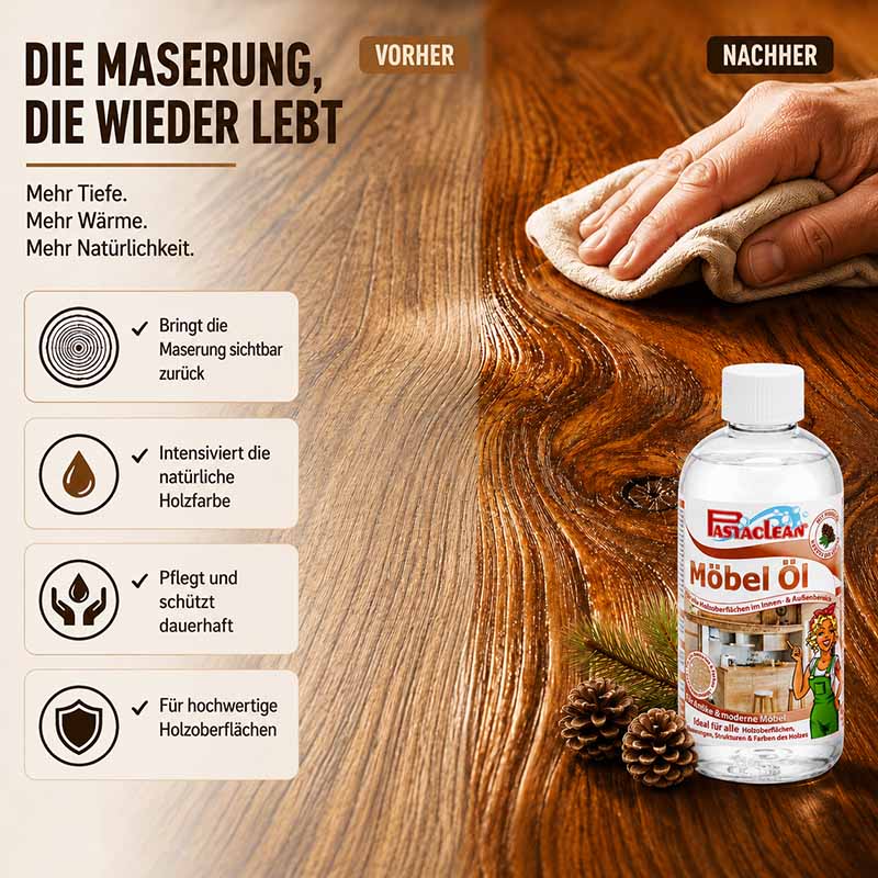 Pastaclean Möbelöl mit Pinie, 500 ml, zur Pflege und Auffrischung von Holzoberflächen, intensiviert natürliche Holzfarbe, schützt und bringt Maserung zurück, ideal für hochwertige Innen- und Außenmöbel.