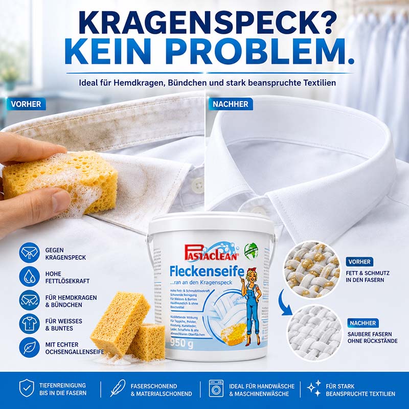 Pastaclean Fleckenseife, Ochsen Gallseife, 950g. Ideal gegen Kragenspeck, Fettlösekraft, für Hemdkragen und Bündchen, weiße und bunte Textilien. Faserschonend, maschinen- und handwaschbar. Tiefenreinigung, reinigt bis in die Fasern.