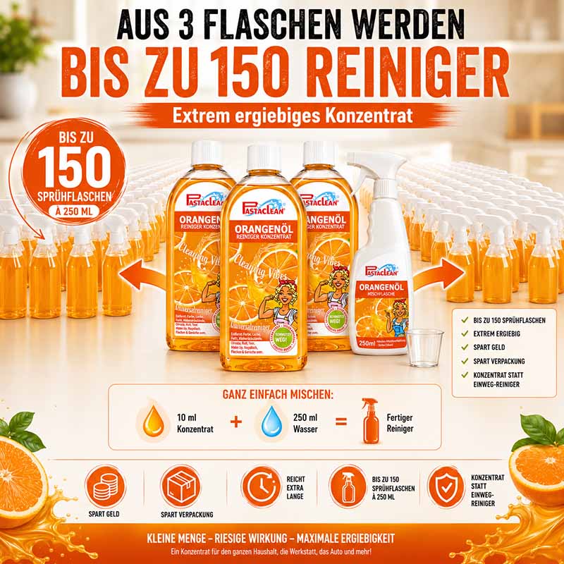 Pastaclean Orangenöl Reiniger Konzentrat 3x500ml für effektive Reinigung im Haushalt; konzentrierte Formel; geeinigt für Küche, Bad und Werkstatt; vielseitig einsetzbar; bekannt für ergiebige Anwendung.