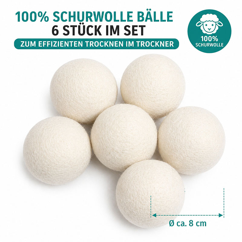 Trocknerbälle Set, 100% Schurwolle, 6er Pack, Ø ca. 8 cm, für Wäschetrockner, verbessert Trockenleistung, reduziert Faltenbildung, umweltfreundlich, natürliche Alternative zu Weichspüler, inklusive Wäschenetz, nachhaltig, wiederverwendbar