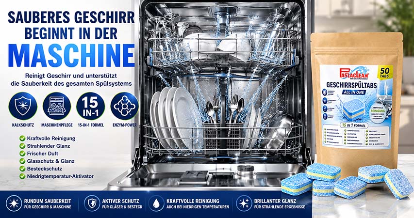 Geschirrspültabs All-in-One mit 15-in-1-Formel, kraftvolle Reinigung, strahlender Glanz, frischer Duft, Kalkschutz, Maschinenpflege, Enzym-Power. Verpackung mit 50 Tabs neben offenem Geschirrspüler mit sauberen Tellern und Besteck.