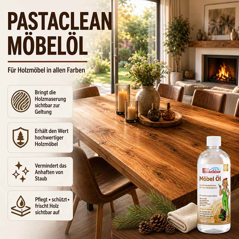 Pastaclean Möbelöl 750 ml für Holzmöbel alle Farben, bringt Holzmaserung zur Geltung, erhält Wert, vermindert Staub, pflegt und schützt hochwertige Holzoberflächen.