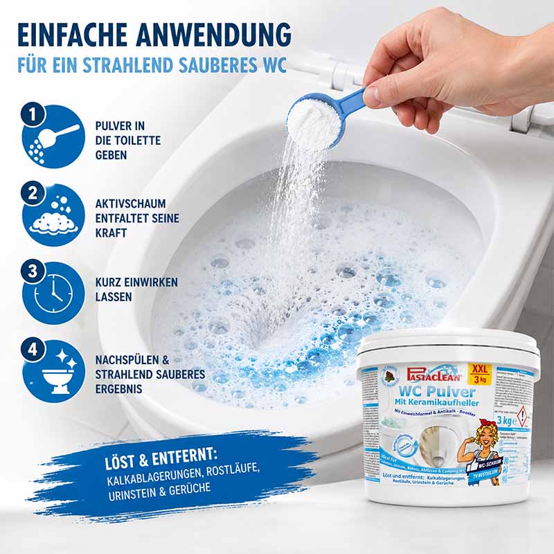 Pastaclean WC Pulver 3kg mit Keramikaufheller, einfache Anwendung, Aktivschaum, löst Kalkablagerungen, Rostläufe, Urinstein und Gerüche, Toilettenreiniger, WC Reinigungspulver, strahlend sauberes WC, Kalkentferner, XXL Pakung, Reinigungskraft, Hygieneprod