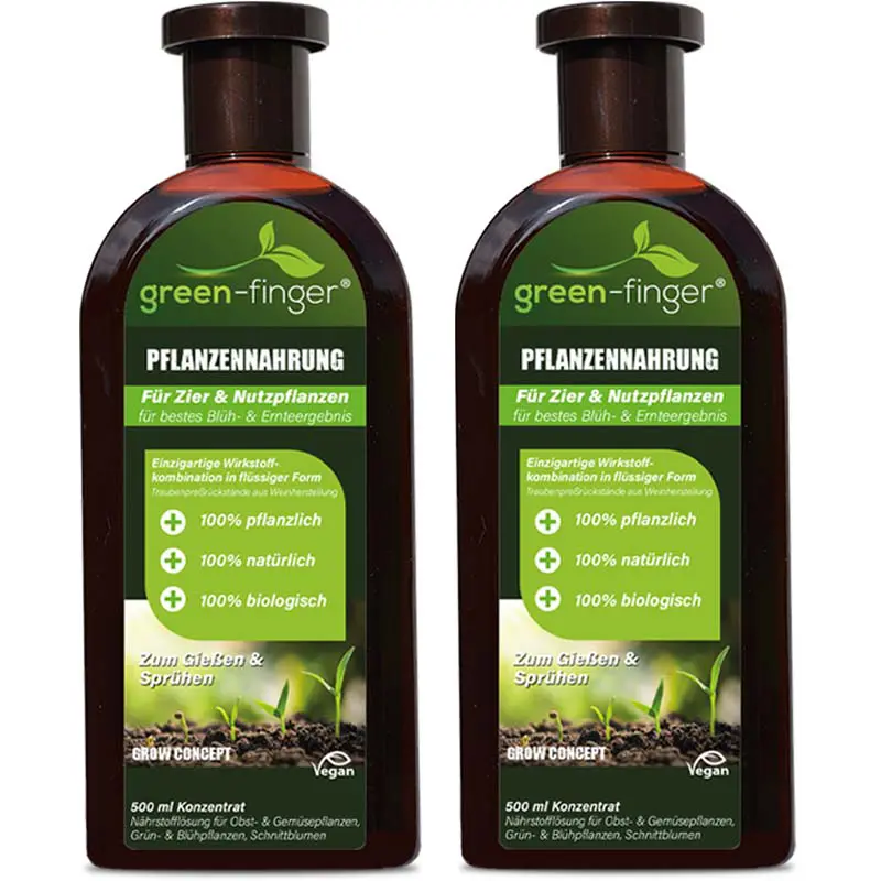 green-finger Pflanzen Nahrung Konzentrat für Zier- und Nutzpflanzen, flüssiger Dünger für optimales Wachstum, 100% pflanzlich und vegan, 2x 500 ml Flasche, zum Gießen und Sprühen geeignet